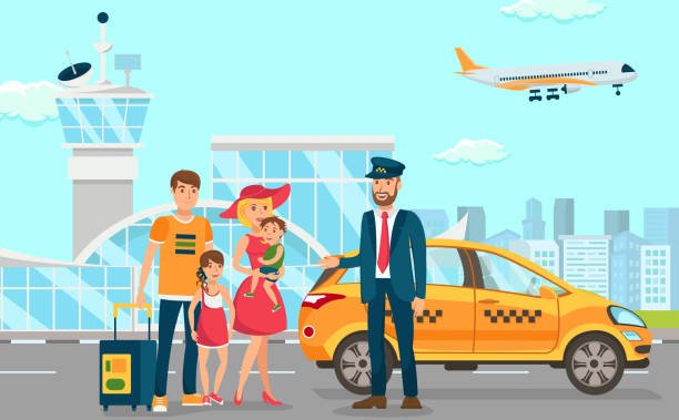 Taxi and Driver Services in Airport. Professional in driving Car. Cab Company Business. Car Driver Service and Passengers. Taxi Service Concept. Vector Flat Cartoon Illustration.